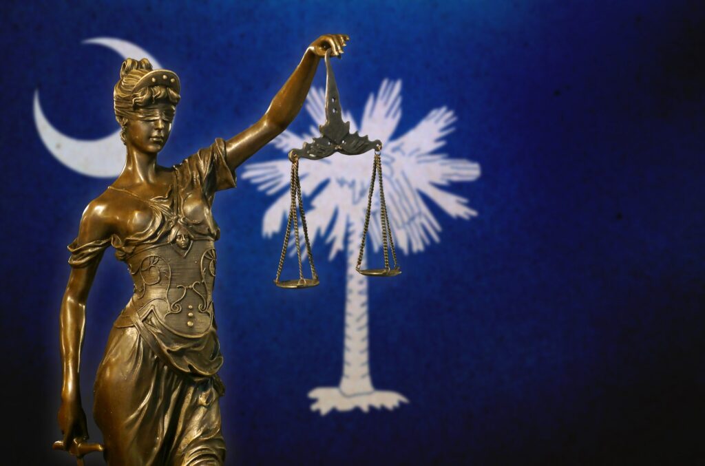 Lady Justice Before A Flag Of South Carolina